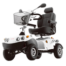 Front Right Side View Of The FreeRiderUSA FR GDX Mobility Scooter Shown In The Silver Color