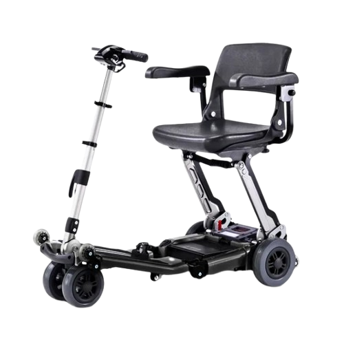 Front Right Side View Of The FreeRiderUSA Luggie Elite Folding Mobility Scooter Shown In The Black Color
