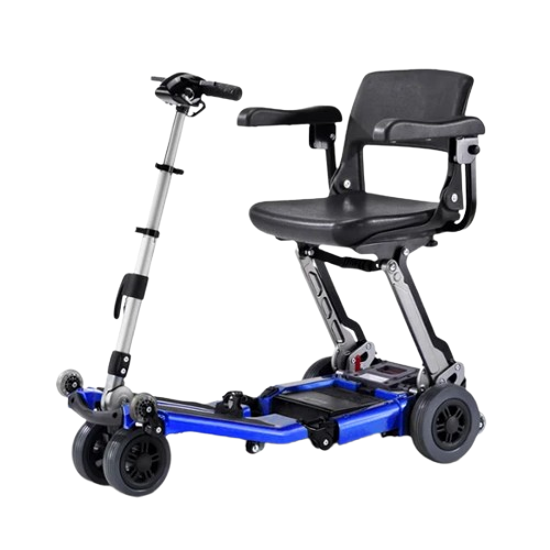 Front Right Side View Of The FreeRiderUSA Luggie Elite Folding Mobility Scooter Shown In The Blue Color