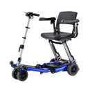 Front Right Side View Of The FreeRiderUSA Luggie Elite Folding Mobility Scooter Shown In The Blue Color