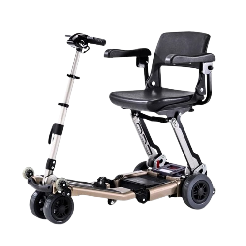 Front Right Side View Of The FreeRiderUSA Luggie Elite Folding Mobility Scooter Shown In The Champagne Color