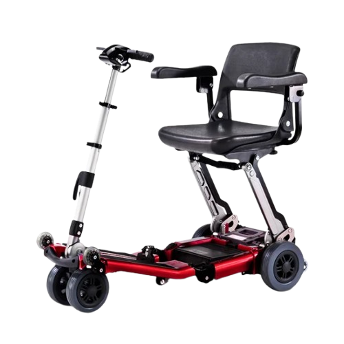 Front Right Side View Of The FreeRiderUSA Luggie Elite Folding Mobility Scooter Shown In The Red Color