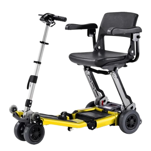 Front Right Side View Of The FreeRiderUSA Luggie Elite Folding Mobility Scooter Shown In The Yellow Color