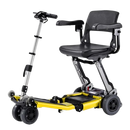 Front Right Side View Of The FreeRiderUSA Luggie Elite Folding Mobility Scooter Shown In The Yellow Color
