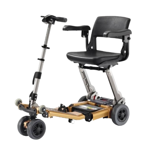 Front Right Side View Of The FreeRiderUSA Luggie Golden Elite Folding Mobility Scooter