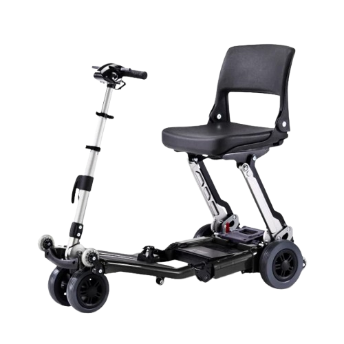 Front Right Side View Of The FreeRiderUSA Luggie Standard Folding Mobility Scooter Shown In The Black Color