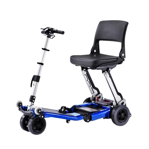Front Right Side View Of The FreeRiderUSA Luggie Standard Folding Mobility Scooter Shown In The Blue Color