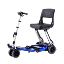 Front Right Side View Of The FreeRiderUSA Luggie Standard Folding Mobility Scooter Shown In The Blue Color