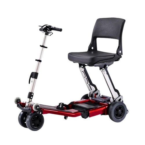 Front Right Side View Of The FreeRiderUSA Luggie Standard Folding Mobility Scooter Shown In The Red Color