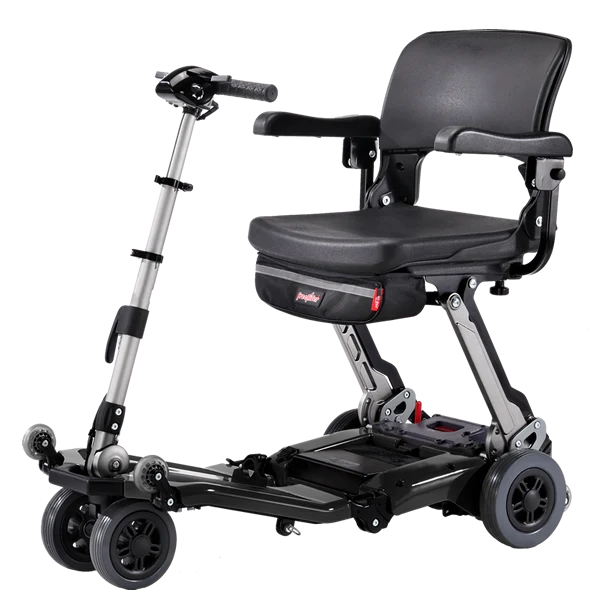 Front Right Side View Of The FreeRiderUSA Luggie Super Folding Mobility Scooter Shown In The Black Color