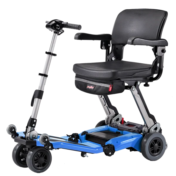 Front Right Side View Of The FreeRiderUSA Luggie Super Folding Mobility Scooter Shown In The Blue Color