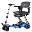 Front Right Side View Of The FreeRiderUSA Luggie Super Folding Mobility Scooter Shown In The Blue Color