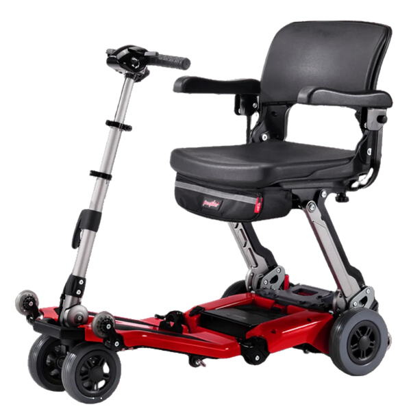 Front Right Side View Of The FreeRiderUSA Luggie Super Folding Mobility Scooter ShownIn The Red Color