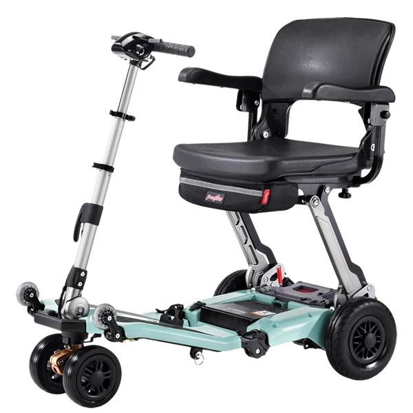 Front Right Side View Of The FreeRiderUSA Luggie Super Plus 3 Folding Mobility Scooter Shown In The Light Green Color