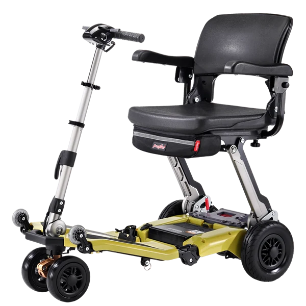 Front Right Side View Of The FreeRiderUSA Luggie Super Plus 3 Folding Mobility Scooter Shown In The Mustard Yellow Color