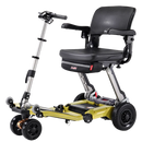 Front Right Side View Of The FreeRiderUSA Luggie Super Plus 3 Folding Mobility Scooter Shown In The Mustard Yellow Color