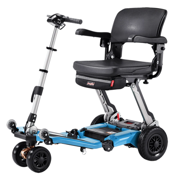 Front Right Side View Of The FreeRiderUSA Luggie Super Plus 3 Folding Mobility Scooter Shown In The Ocean Blue Color