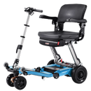 Front Right Side View Of The FreeRiderUSA Luggie Super Plus 3 Folding Mobility Scooter Shown In The Ocean Blue Color