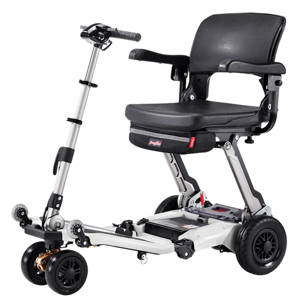 Front Right Side View Of The FreeRiderUSA Luggie Super Plus 3 Folding Mobility Scooter Shown In The Titanium Silver Color