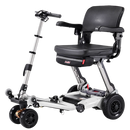 Front Right Side View Of The FreeRiderUSA Luggie Super Plus 3 Folding Mobility Scooter Shown In The Titanium Silver Color