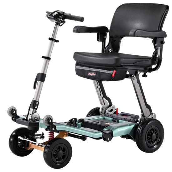 Front Right Side View Of The FreeRiderUSA Luggie Super Plus 4 Folding Mobility ScooterShown In The Light Green Color