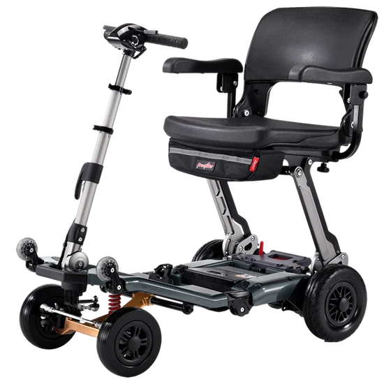 Front Right Side View Of The FreeRiderUSA Luggie Super Plus 4 Folding Mobility Scooter Shown In The Mineral Gray Color