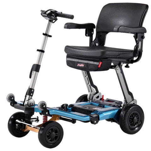 Front Right Side View Of The FreeRiderUSA Luggie Super Plus 4 Folding Mobility ScooterShown In The Ocean Blue Color