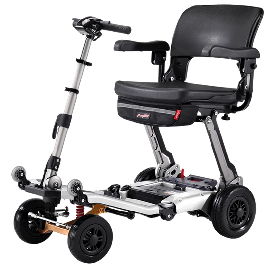 Front Right Side View Of The FreeRiderUSA Luggie Super Plus 4 Folding Mobility Scooter Shown In The Titanium Silver Color