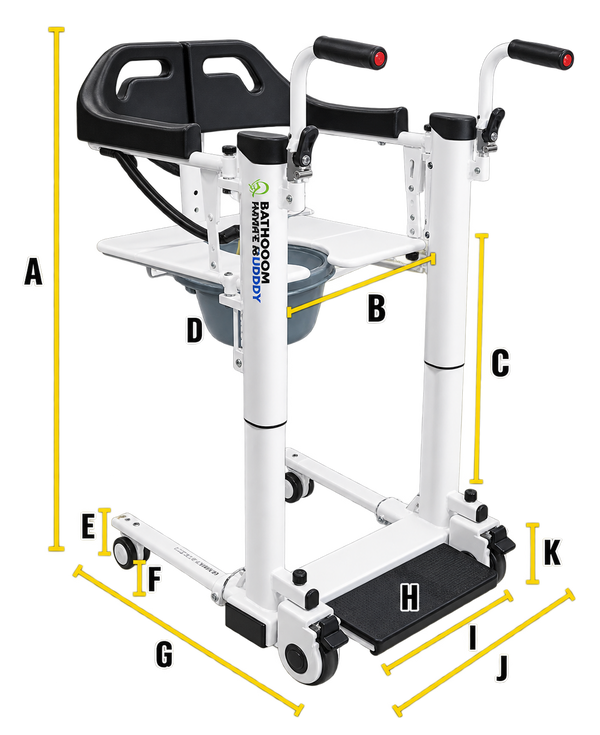 Front Right Side View Of The Freedom Aqua Shower Patient Transfer Lift In The Closed Position Shown With Letters And Yellow Lines Demonstrating Its Dimensions