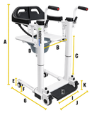 Front Right Side View Of The Freedom Aqua Shower Patient Transfer Lift In The Closed Position Shown With Letters And Yellow Lines Demonstrating Its Dimensions