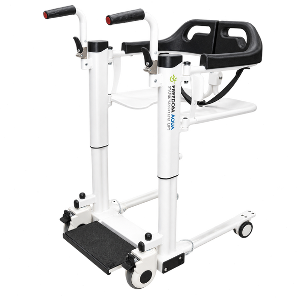 Front Right Side View Of The Freedom Aqua Shower Patient Transfer Lift Shown In The Closed Position