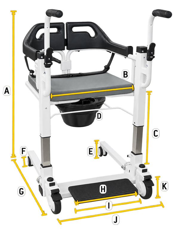 Front Right Side View Of The Freedom Transfer Patient Lift In The Closed Position With Letters And Yellow Lines Demonstrating Its Dimensions