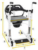 Front Right Side View Of The Freedom Transfer Patient Lift In The Closed Position With Letters And Yellow Lines Demonstrating Its Dimensions
