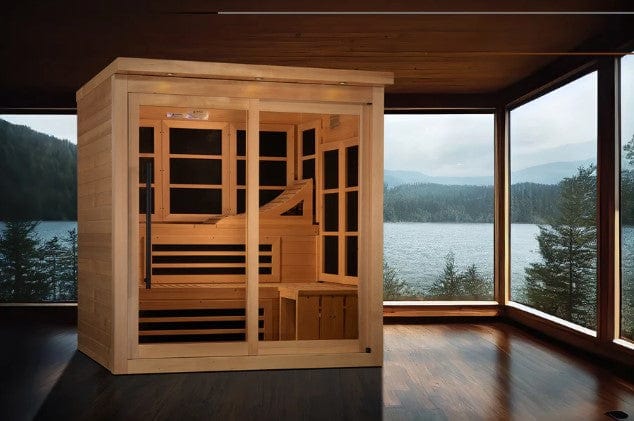 Front Right Side View Of The Golden Designs 6-Person Near Zero EMF Indoor Sauna | GDI-6996-02 Shown In An Indoor Setting