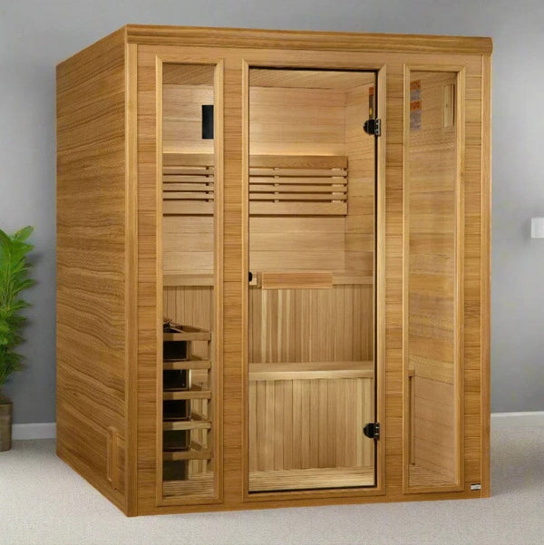 Front Right Side View Of The Golden Designs Andermatt 3-Person Indoor Sauna | GDI-7030-01 Shown In An Indoor Setting