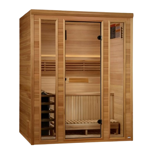 Front Right Side View Of The Golden Designs Andermatt 3-Person Indoor Sauna | GDI-7030-01