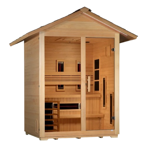 Front Right Side View Of The Golden Designs Carinthia 3-Person Hybrid Outdoor Sauna | GDI-8123-01