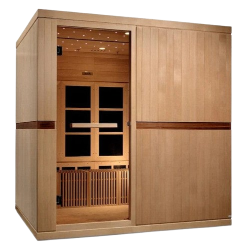 Front Right Side View Of The Golden Designs Catalonia 8-Person Near Zero EMF ADA Indoor Sauna | GDI-6880-02 Shown Without Wheelchair Ramp