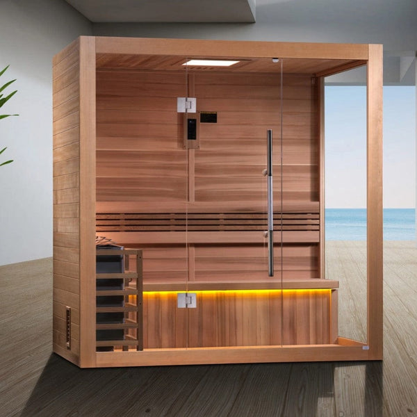 Front Right Side View Of The Golden Designs Forssa 3-Person Indoor Sauna | GDI-7203-01 Shown In An Indoor Setting