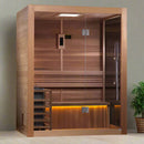 Front Right Side View Of The Golden Designs Hanko 2-Person Indoor Sauna | GDI-7202-01 Shown In An Indoor Setting