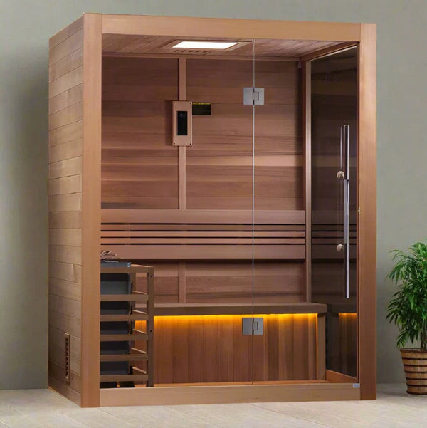 Front Right Side View Of The Golden Designs Hanko 2-Person Indoor Sauna | GDI-7202-01 Shown In An Indoor Setting