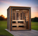 Front Right Side View Of The Golden Designs Karlstad 6-Person Hybrid Outdoor Sauna | GDI-8226-01 Shown In An Outdoor Setting