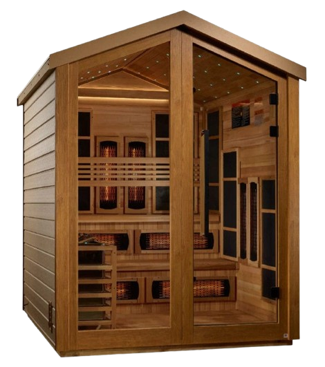 Front Right Side View Of The Golden Designs Kaskinen 6-Person Hybrid Outdoor Sauna | GDI-8526-01