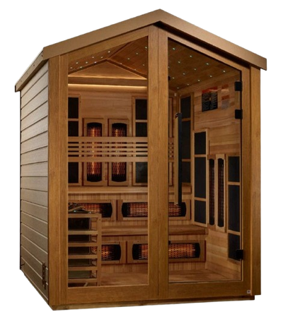 Front Right Side View Of The Golden Designs Kaskinen 6-Person Hybrid Outdoor Sauna | GDI-8526-01