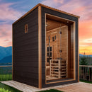 Front Right Side View Of The Golden Designs Nora 2-Person Hybrid Outdoor Sauna | GDI-8222-01 Shown In An Outdoor Setting