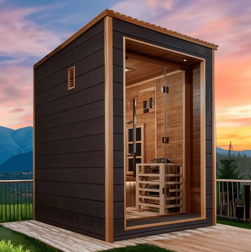 Front Right Side View Of The Golden Designs Nora 2-Person Hybrid Outdoor Sauna | GDI-8222-01 Shown In An Outdoor Setting