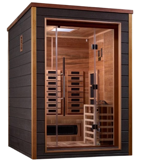 Front Right Side View Of The Golden Designs Nora 2-Person Hybrid Outdoor Sauna | GDI-8222-01