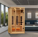 Front Right Side View Of The Golden Designs Reserve Edition 1 Person Full Spectrum EMF Indoor Sauna With Himalayan Salt Bar | GDI-8010-03 Shown In An Indoor Setting