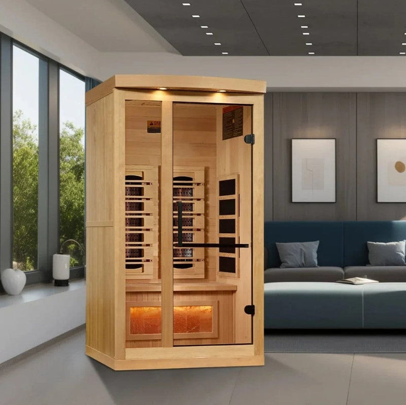 Front Right Side View Of The Golden Designs Reserve Edition 1 Person Full Spectrum EMF Indoor Sauna With Himalayan Salt Bar | GDI-8010-03 Shown In An Indoor Setting
