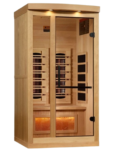 Front Right Side View Of The Golden Designs Reserve Edition 1 Person Full Spectrum EMF Indoor Sauna With Himalayan Salt Bar | GDI-8010-03